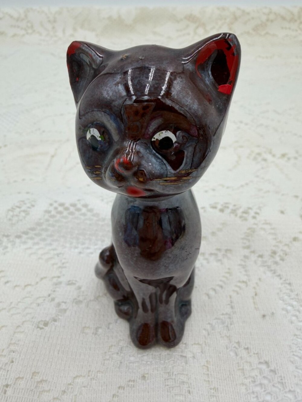 Vintage Ceramic Cat Figurine With Glossy Finish & Hand-Painted Details
